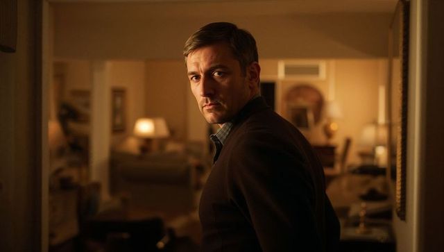 Thoughtful man standing in warm living room looking back over shoulder with soft lamp glow