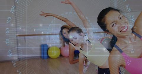 Energetic fitness stretching in dance studio with digital HUD overlay and bright tones