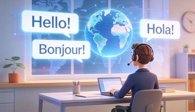 Typing remote support agent wearing blazer and headset using laptop with holographic globe