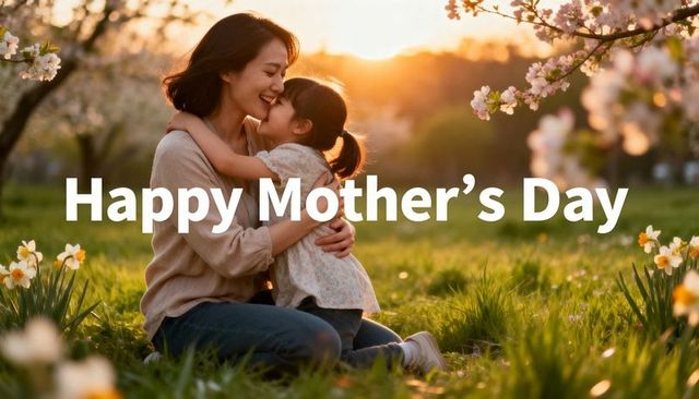 Sunlit mother and daughter embracing in blooming orchard at sunset celebrating mother's day