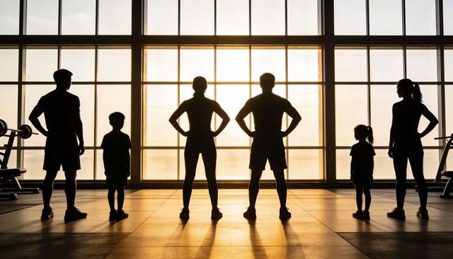 Silhouetted family standing hands on hips in gym sunrise, teamwork and fitness motivation