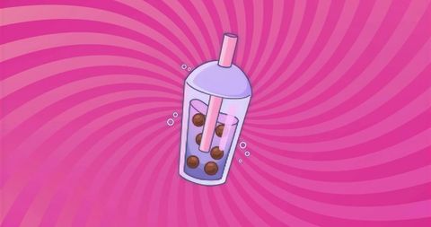 Whimsical bubble tea against spiraling pink background