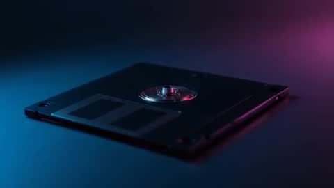 Revealing 3.5-inch Floppy Disk Hub Under Neon Blue and Magenta Lighting, Moody Macro Video