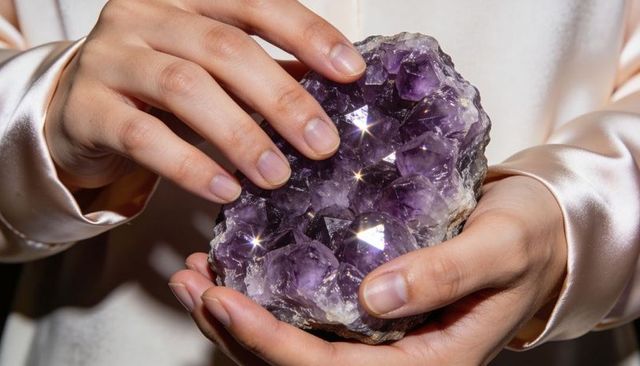 Cradling hands touching sparkling amethyst geode with satin sleeves