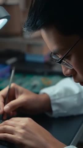Vertical video showing teen assembling electronics under lamp, closeup hands and focused face
