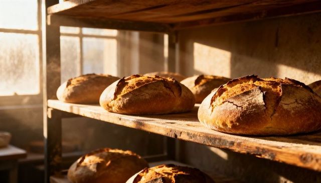 Rustic sourdough loaves cooling on wooden shelves in golden morning light