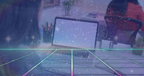 Displaying laptop on desk with neon grid overlay and retrofuturistic glow