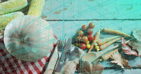 White Pumpkin Harvest Flatlay with Rustic Cutlery and Cyan Digital Grid Overlay