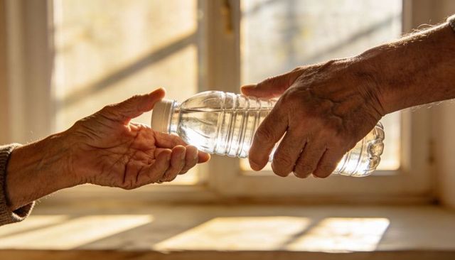 Elderly Hands Passing Plastic Water Bottle Across Sunlit Window Sill Caregiving Support
