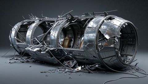 Futuristic fuselage cylinders damaged in sci-fi plane crash scene
