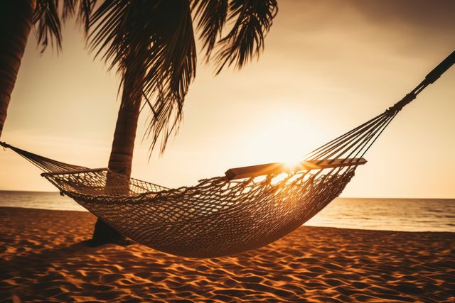 Wicker hammock on beach with palm trees at sunset, created using generative ai technology. Vacation at the beach in a wicker hammock concept digitally generated image.