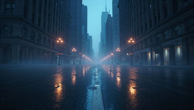 Rain-soaked urban avenue reflecting streetlights leading to foggy downtown vanishing point