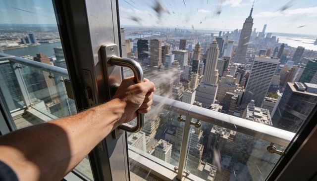 Opening glass door on skyscraper balcony with manhattan skyline and sweeping perspective