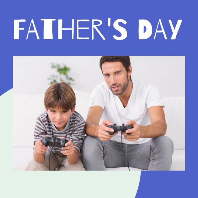A father and son are bonding while playing video games together in the living room. This image represents the joy of spending quality time on Father's Day. Perfect for use in advertisements, social media posts, or blog articles celebrating Father's Day and family activities.