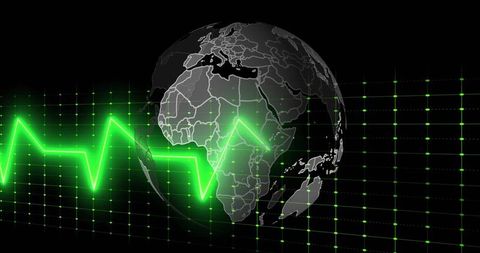 Neon ECG Pulse Crossing 3D Globe Over Digital Grid for Global Health Data Visualization