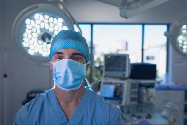 Male surgeon wearing a surgical mask standing in an operating room. The background includes medical equipment, surgical lights, and a window providing natural light. Ideal for use in healthcare, medical, and hospital-related content, emphasizing professionalism, medical procedures, and healthcare environments.