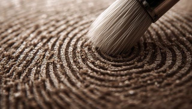 Macro brush carving concentric sand spiral on wooden tray, natural bristle texture