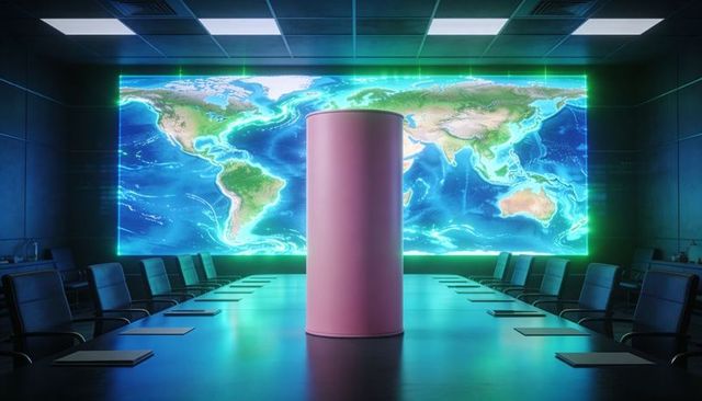 Futuristic boardroom showcasing pink column and glowing world map for corporate tech