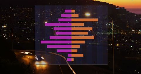 bar graph in bright colors overlays a cityscape at night, symbolizing the fusion of modern data analysis and urban development. useful for illustrating concepts in global business, technological innovation, data processing, and urban analytics.