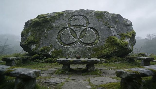 Moss-covered ritual boulder with triple circle carving and stone altar in foggy grove