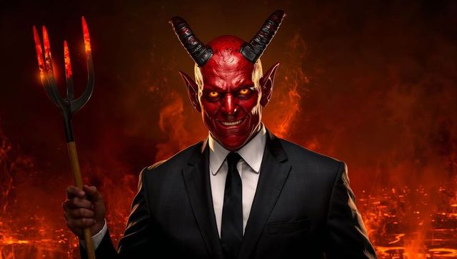 Menacing Red-Demon Amid Flames in Dark Suit and Horns