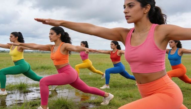 Women group fitness practicing lunges on wet meadow wearing vibrant colorblock activewear