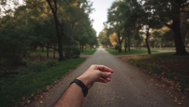 Reaching hand guiding along tree-lined park path at golden hour with wristwatch