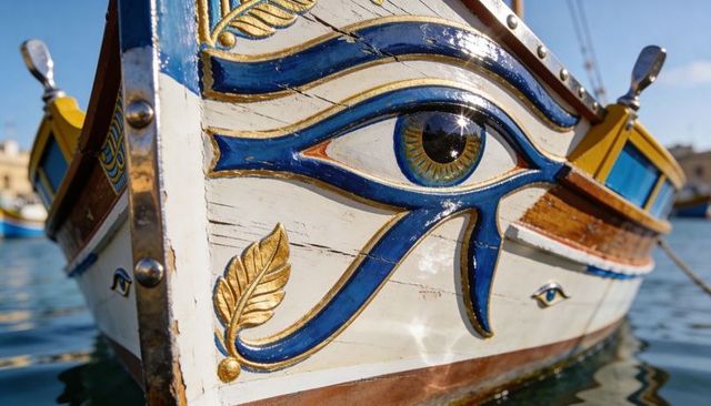 Hand-painted wooden boat bow featuring protective eye motif, gilded laurel trim, sunlit harbor refle