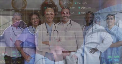 Medical team with digital chart overlay highlighting innovation