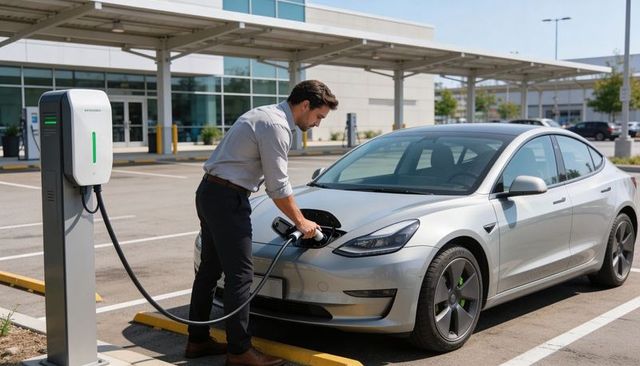 Businessman plugging electric sedan into workplace charger for sustainable urban commute