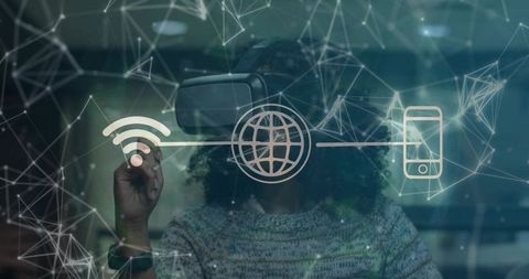 Woman Engaging with Digital Icons Through VR and Smartwatch