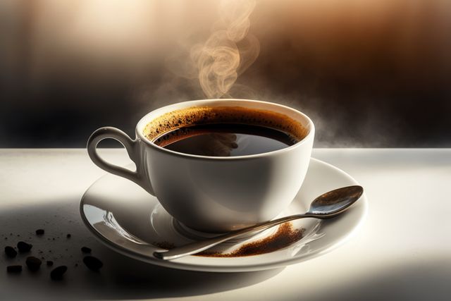 Fresh black hot coffee with steam trails and spoon, created using generative ai technology. Coffee, drink and caffeine concept.