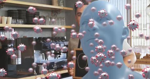 3D Bust Among Coronavirus Models in Modern Coffee Shop