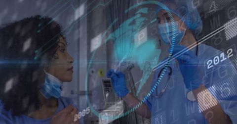 Healthcare Professionals Examining Holographic Data in Hospital Corridor