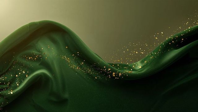 Emerald silk draping with floating gold flecks and soft studio lighting
