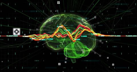 Futuristic brain data visualization with colorful waveforms and digital interface