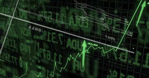 Green Ascending Stock Chart with Upward Arrow Showing Bullish Market Momentum and Neon Tickers