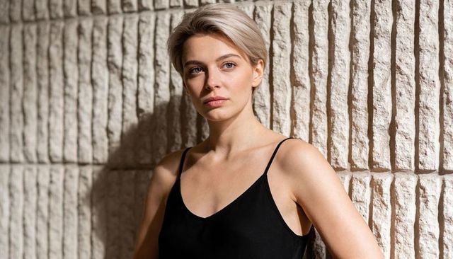 Short-haired blonde woman standing against textured stone wall wearing black camisole, moody
