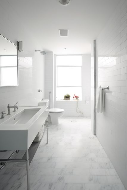 Bright and spacious modern bathroom featuring white tiles and minimalist decor. Perfect for use in home design and decor projects, real estate marketing, interior design inspiration, and lifestyle blogs focused on modern living.