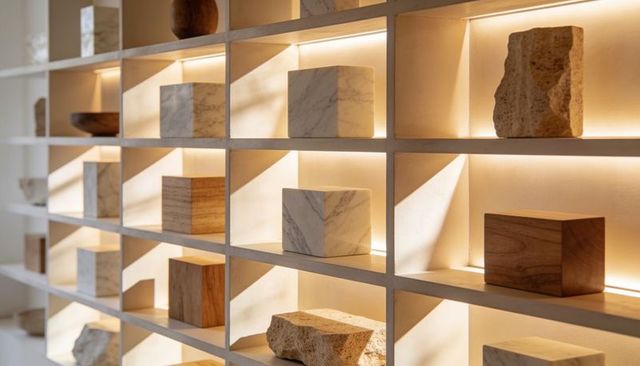 Backlit modular shelving displaying marble and wood sample cubes in gallery showroom
