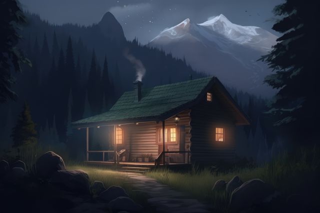 A cozy mountain cabin nestled in a serene forest is illuminated under a starry night sky. The warm glow from the windows and chimney smoke create an inviting atmosphere ideal for themes of relaxation, remote living, and tranquility. This is perfect for use in promotions for vacation rentals, travel brochures, or nature-themed designs.