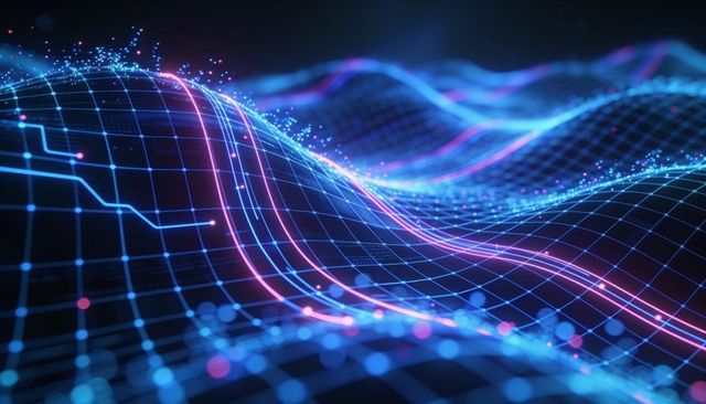 Neon wave grid visualizing digital data flow with magenta-cyan light trails and particles