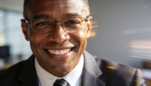 Smiling businessman making eye contact wearing glasses and striped tie close-up portrait