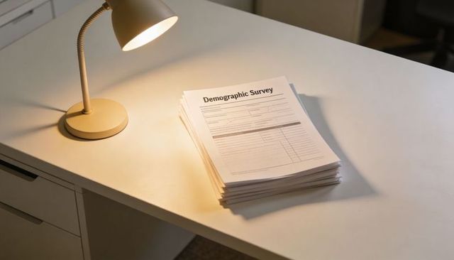 Stack of demographic survey forms on white desk with warm desk lamp, office workspace