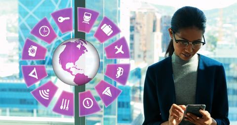 Young woman using smartphone amid digital travel icons