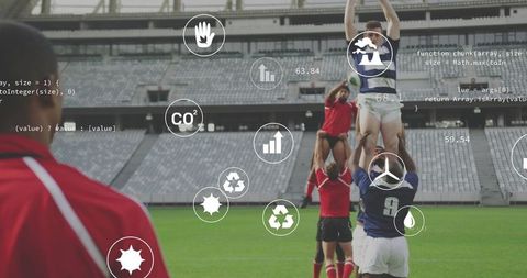 Rugby lineout lifting player showing sustainability icons and analytics overlay in stadium
