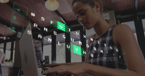 Young woman typing with digital security on screen