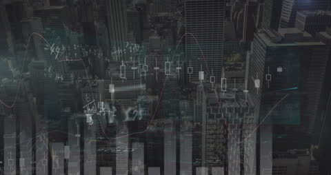 Dynamic Financial Analytics Animation Over Cityscape