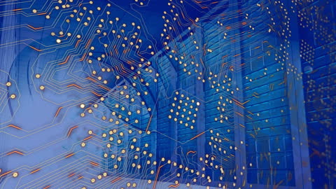 Animated Blue Circuit Board Overlay on Data Servers