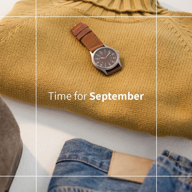Cozy autumn background showing a mustard sweater, a classic wristwatch, and a pair of jeans arranged neatly on a table. Perfect for fall fashion promotions, seasonal sales, lifestyle blogs about autumn trends, and advertisements for cozy and stylish wear during the cooler months.